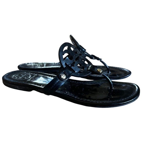 Tory Burch Shoes - Tory Burch Black Patent Leather Miller Logo Thong Flat Sandals Women's 6